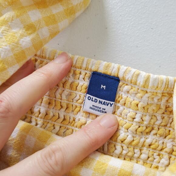 Old Navy Dress Womens Medium Yellow Gingham Linen Smocked Cottagecore Coquette - Picture 3 of 10